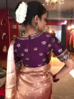 Peachy Pink Handwoven Tissue Silk Saree with Kadhwa Zari Motifs - Image 9