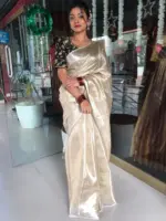 Silver White Brocade Tissue Silk Saree with Gold Silver Zari Weaves - Image 5