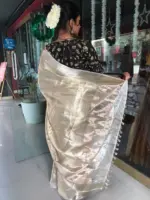 Silver White Brocade Tissue Silk Saree with Gold Silver Zari Weaves - Image 7