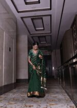 Bottle Green Embroidered Silk Half Saree Set with Tissue Silk Dupatta (Set of 3) - Image 6