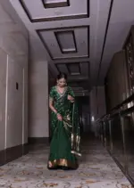 Bottle Green Embroidered Silk Half Saree Set with Tissue Silk Dupatta (Set of 3) - Image 6