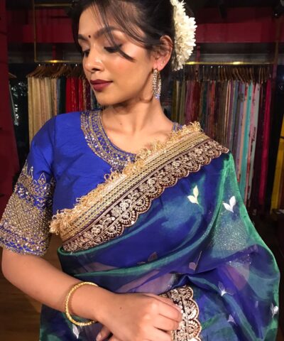 Peacock Dual Tone Tissue Silk Saree with Buttis and Gota Detailing