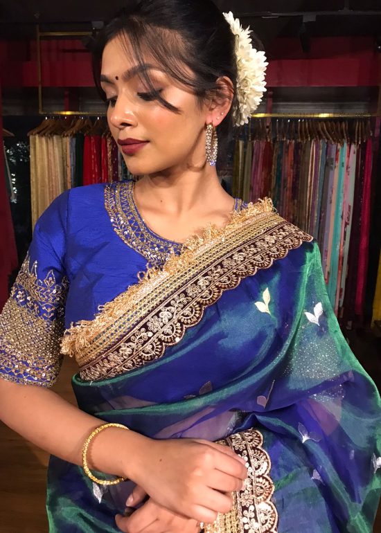 Peacock Dual Tone Tissue Silk Saree with Buttis and Gota Detailing