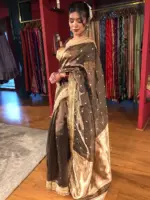 Brown Tissue Silk Saree with Zari Buttis and Gota Detailing - Image 3