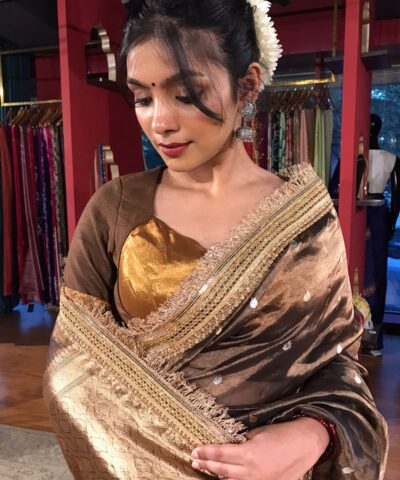 Brown Tissue Silk Saree with Zari Buttis and Gota Detailing