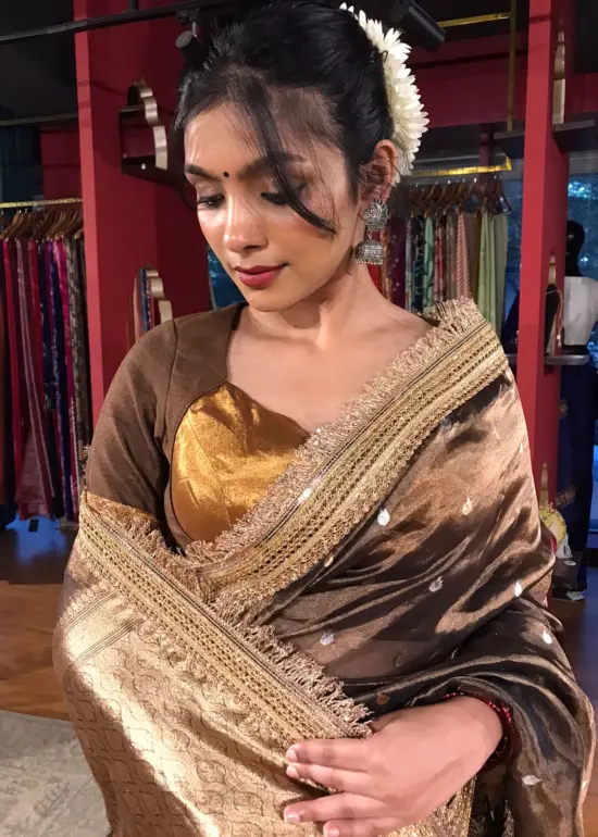 Brown Tissue Silk Saree with Zari Buttis and Gota Detailing