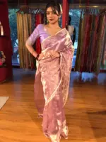 Lilac Dual Tone Tissue Silk Saree with Gold Zari Buttis - Image 3