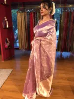 Lilac Dual Tone Tissue Silk Saree with Gold Zari Buttis - Image 4