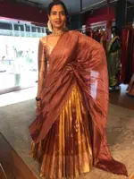 Metallic Gold Silk Half Saree with Tissue Silk Dupatta (Set of 3) - Image 2