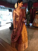 Metallic Gold Silk Half Saree with Tissue Silk Dupatta (Set of 3) - Image 5