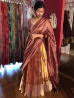 Metallic Gold Silk Half Saree with Tissue Silk Dupatta (Set of 3) - Image 7