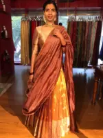 Metallic Gold Silk Half Saree with Tissue Silk Dupatta (Set of 3) - Image 9