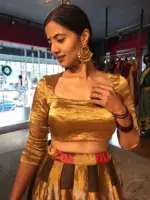 Gold Chanderi Tissue Silk Lehenga Set of 2 - Image 3