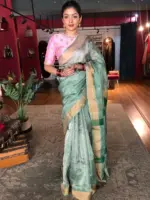 Sea Green Tissue Silk Saree with Sequins Embroidery - Image 4