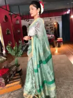 Sea Green Tissue Silk Saree with Sequins Embroidery - Image 5
