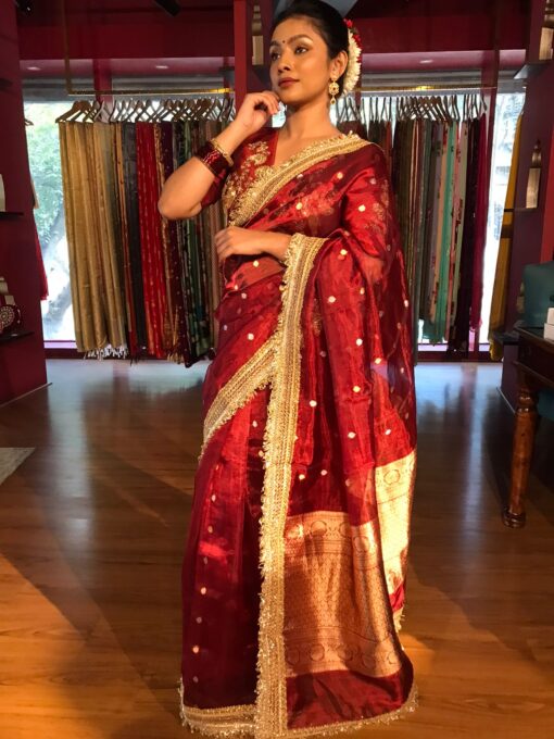 Maroon Tissue Silk Saree with Zari Buttis and Gota Detailing - Image 5