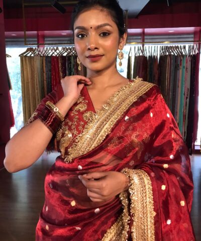 Maroon Tissue Silk Saree with Zari Buttis and Gota Detailing