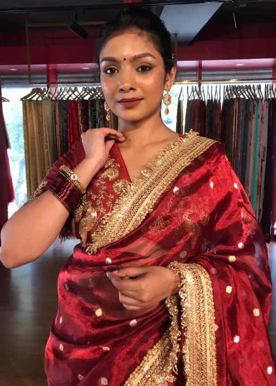 Maroon Tissue Silk Saree with Zari Buttis and Gota Detailing