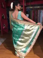 Teal Blue Tissue Silk Saree with Zari Buttis and Gota Detailing - Image 7