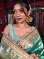 Teal Blue Tissue Silk Saree with Zari Buttis and Gota Detailing - Image 2