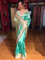 Teal Blue Tissue Silk Saree with Zari Buttis and Gota Detailing - Image 5