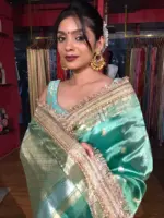 Teal Blue Tissue Silk Saree with Zari Buttis and Gota Detailing