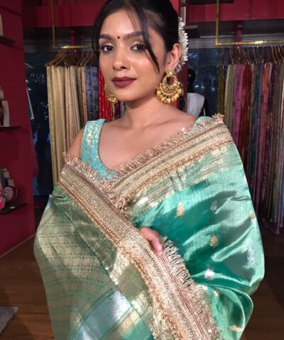 Teal Blue Tissue Silk Saree with Zari Buttis and Gota Detailing