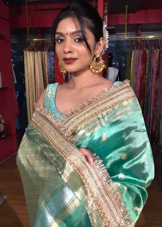 Teal Blue Tissue Silk Saree with Zari Buttis and Gota Detailing