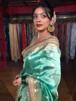 Teal Blue Tissue Silk Saree with Zari Buttis and Gota Detailing - Image 4