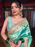 Teal Blue Tissue Silk Saree with Zari Buttis and Gota Detailing - Image 3