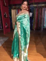 Teal Blue Tissue Silk Saree with Zari Buttis and Gota Detailing - Image 6