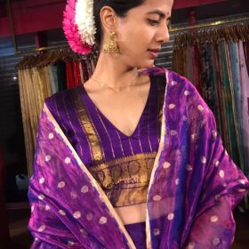 Magenta Purple Tissue Silk Dupatta with Gold Zari Buttis