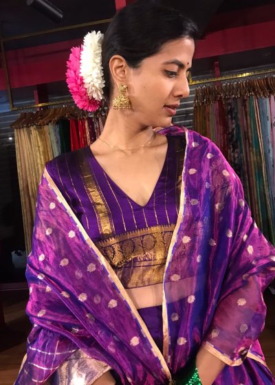 Magenta Purple Tissue Silk Dupatta with Gold Zari Buttis