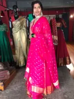 Pink Silk Half Saree Set with Organza Silk Dupatta (Set of 3) - Image 2