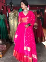 Pink Silk Half Saree Set with Organza Silk Dupatta (Set of 3) - Image 3