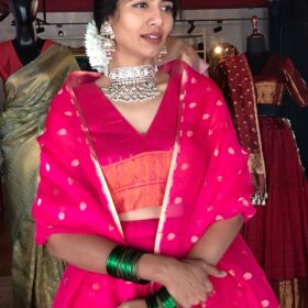 Pink Silk Half Saree Set with Organza Silk Dupatta (Set of 3)