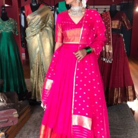 Pink Organza Silk Dupatta with Gold Zari Buttis