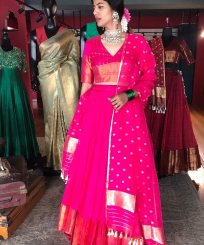 Pink Organza Silk Dupatta with Gold Zari Buttis