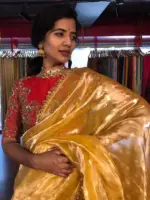 Mustard Yellow Dual Tone Tissue Silk Saree highlighted with Zari Motifs and Gota Border - Image 10
