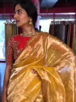 Mustard Yellow Dual Tone Tissue Silk Saree highlighted with Zari Motifs and Gota Border