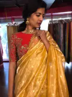 Mustard Yellow Dual Tone Tissue Silk Saree highlighted with Zari Motifs and Gota Border - Image 9