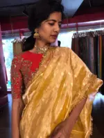 Mustard Yellow Dual Tone Tissue Silk Saree highlighted with Zari Motifs and Gota Border - Image 8
