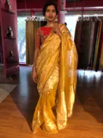 Mustard Yellow Dual Tone Tissue Silk Saree highlighted with Zari Motifs and Gota Border - Image 6