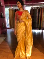 Mustard Yellow Dual Tone Tissue Silk Saree highlighted with Zari Motifs and Gota Border - Image 7