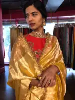 Mustard Yellow Dual Tone Tissue Silk Saree highlighted with Zari Motifs and Gota Border - Image 3