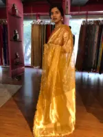 Mustard Yellow Dual Tone Tissue Silk Saree highlighted with Zari Motifs and Gota Border - Image 5