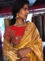 Mustard Yellow Dual Tone Tissue Silk Saree highlighted with Zari Motifs and Gota Border - Image 4