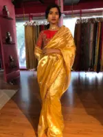 Mustard Yellow Dual Tone Tissue Silk Saree highlighted with Zari Motifs and Gota Border - Image 2