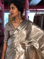 Metallic Silver Brocade Tissue Silk Saree