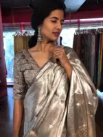 Metallic Silver Brocade Tissue Silk Saree - Image 6